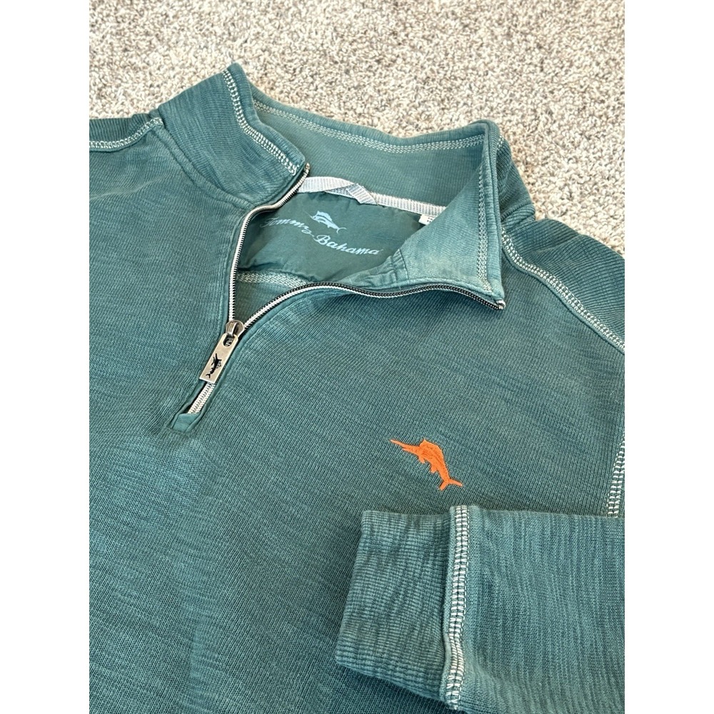 Tommy Bahama Mens Quarter Zip Pullover Teal Green Slub Knit Marlin Logo Large